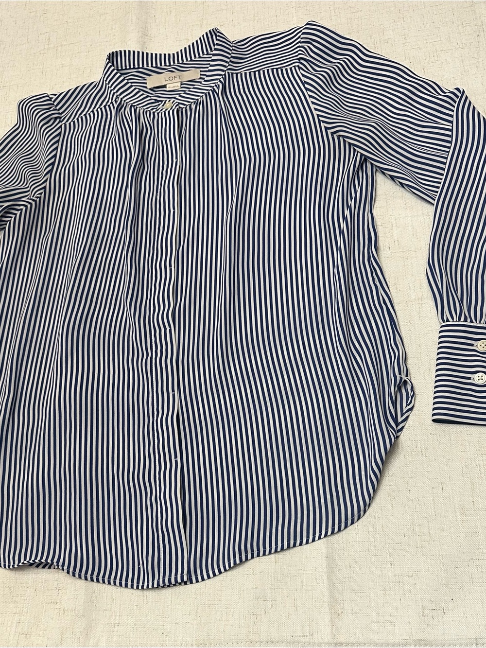 LOFT Navy and White Vertical-Stripe Button Blouse - Picture 9 of 11